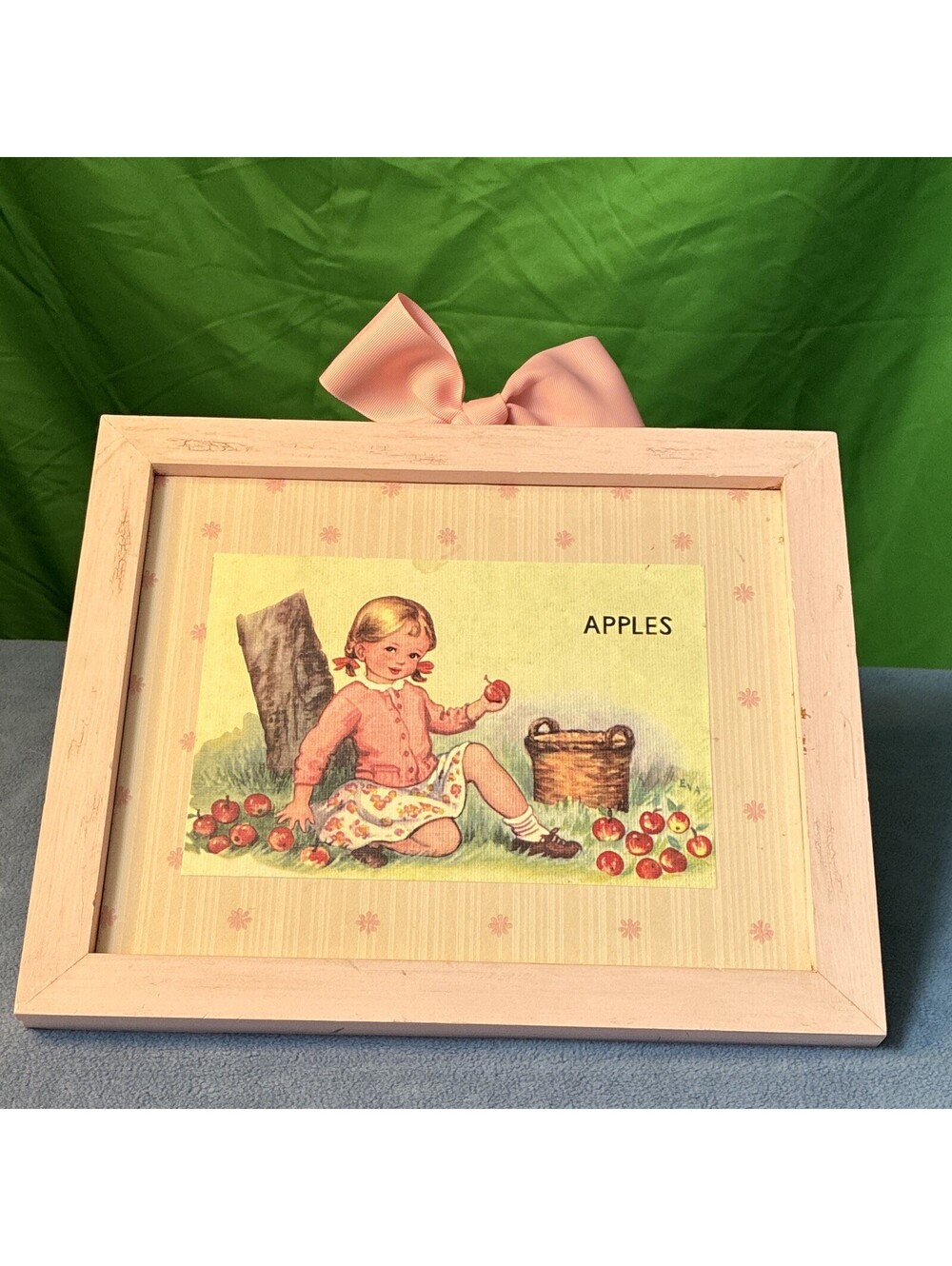 Vintage Framed Apples Wood Plaque, Ready to Hang, Pink/Beige-0058